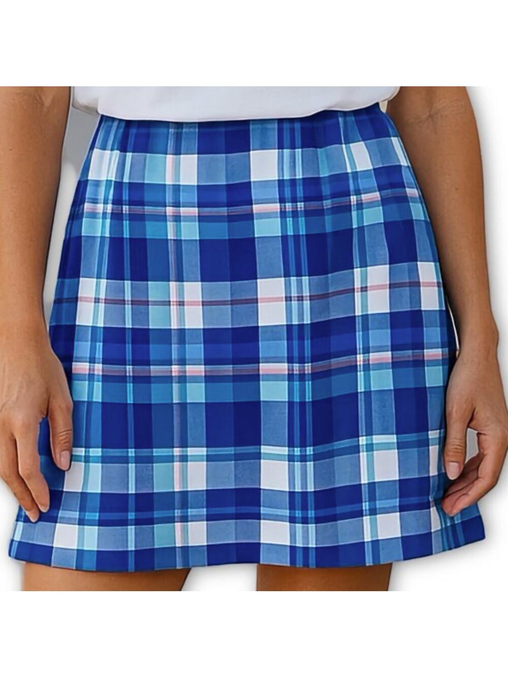 L.L.Bean Madras Plaid A Line Skirt Blue Cotton Petite Preppy Summer 14P